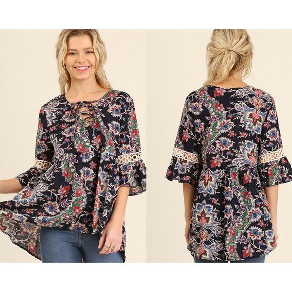 Umgee Navy Floral 3/4 Lace Bell Sleeve Criss Cross Hi-Lo Top Small Medium Large - Picture 1 of 6